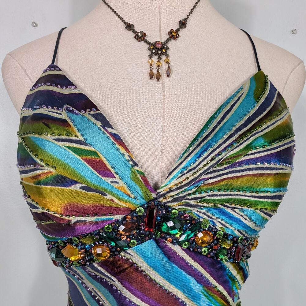 Vintage Cache Prom Dress Maxi Gown 4 Multi Silk Y2K Glam Guest Evening Formal - Picture 4 of 16